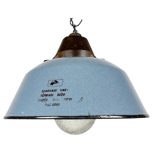 Industrial Grey Enamel and Cast Iron Pendant Light with Glass Cover, 1960s