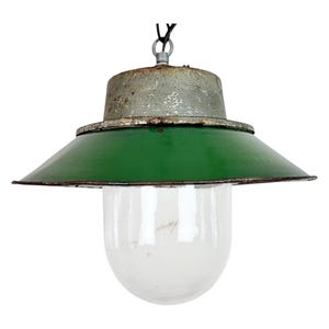 Green Enamel and Cast Iron Industrial Pendant Light, 1960s