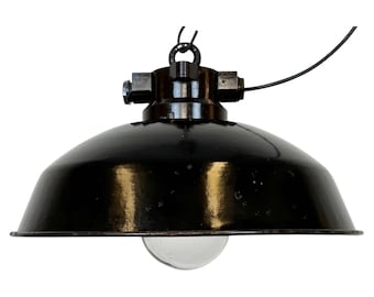 Industriële zwart geëmailleerde fabriekshanglamp, jaren 1950