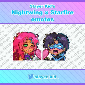 May include: Two cartoon characters, Nightwing and Starfire, are shown in a close-up. Nightwing is a blue superhero with a black mask and a red heart in his hand. Starfire is a red-haired superhero with green eyes and a pink heart in her hand. The background is a light blue and pink grid pattern. The text "Slayer Kid's Nightwing x Starfire emotes" is at the top of the image.