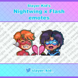 May include: A digital illustration of two cartoon characters, Nightwing and Flash, holding a broken heart. The characters are drawn in a colorful anime style. The background is a light blue and pink gradient with a pattern of white squares.