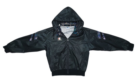 Champion - Black Hooded Bomber Jacket 1990's Large