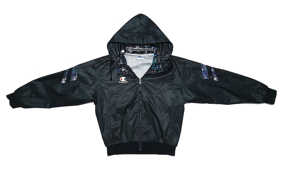 Champion - Black Hooded Bomber Jacket 1990's Large