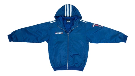 Adidas - Blue Zip Up Hooded Warm Jacket 1990's Med