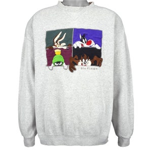 Könnte beinhalten: Grauer Pullover mit einem bunten Motiv von Bugs Bunny, Tweety Bird, Daffy Duck und Taz aus Looney Tunes, die aus einem Fenster schauen. Das Motiv ist von einem schwarzen Rahmen umgeben und der Text "Six Flags" befindet sich unter dem Motiv.