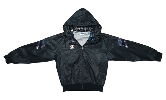 Champion - Black Hooded Bomber Jacket 1990's Large