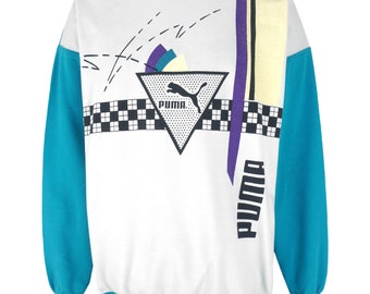 Puma - White & Blue Crew Neck Sweatshirt 1990s Large
