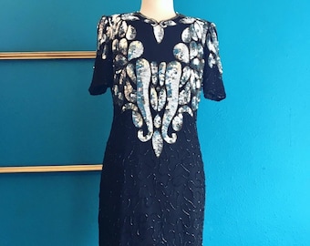 NWT Vintage 80s fully beaded sequined silk dress