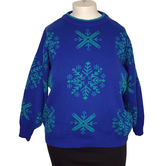 Vintage 80s blue & teal snowflake sweater 1X - image 1