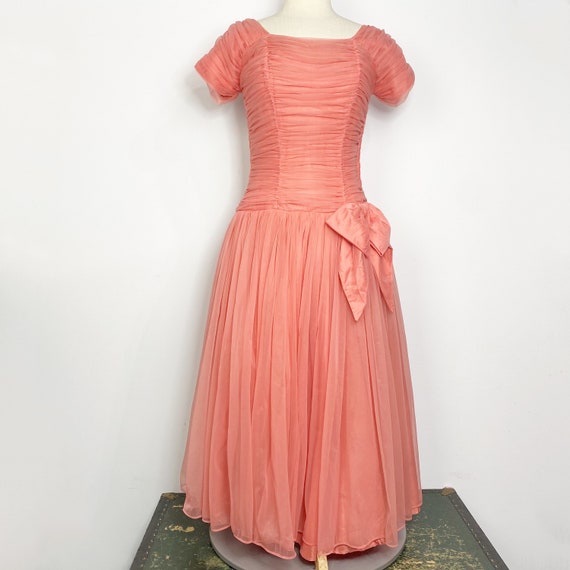 Vtg 60s coral pink drop waist formal dress