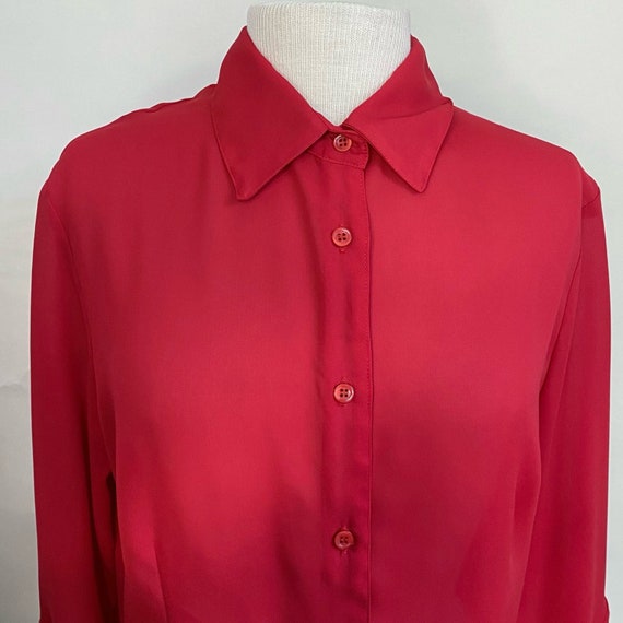 Vintage 80s red button front ruffle sleeve blouse - image 2