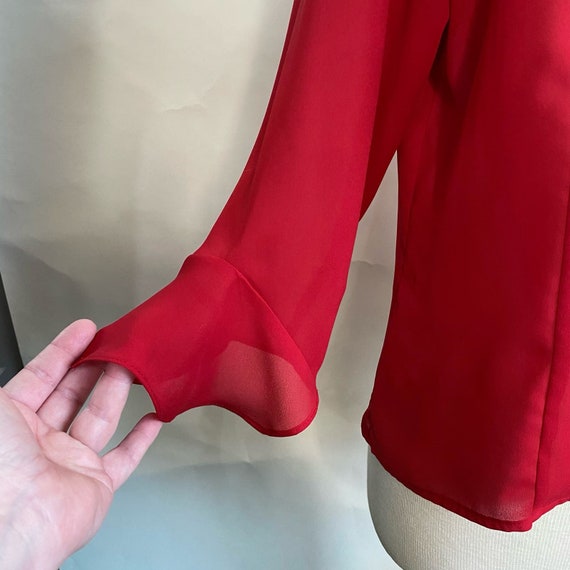 Vintage 80s red button front ruffle sleeve blouse - image 3