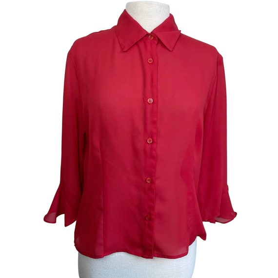 Vintage 80s red button front ruffle sleeve blouse - image 1