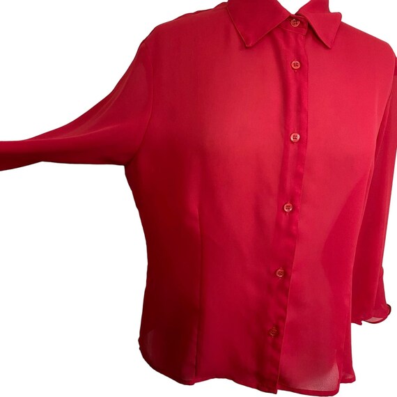 Vintage 80s red button front ruffle sleeve blouse - image 4