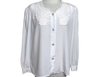 Vintage 80s 90s white lace collar blouse L