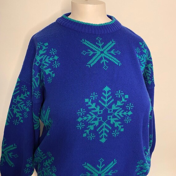Vintage 80s blue & teal snowflake sweater 1X - image 2