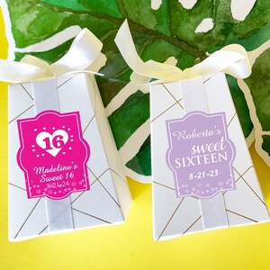 Set of 24 Personalized Triangle Pedestal Foil Pattern Favor Boxes with Labels - Sweet 16 Birthday, Personalized Favor Boxes {Design 873}