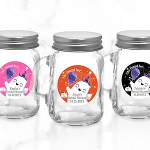 She Found Her Boo Personalized Mini Glass Mason Jar Favors Labels, Personalized Halloween Bridal Shower Favor Jars 939, Set of 12