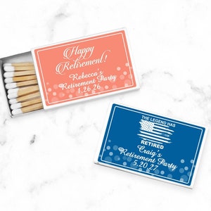 Set of 50 Retirement Personalized Matchbox with Labels, Retired Matchbox Favors, Matches Retirement Favors 875