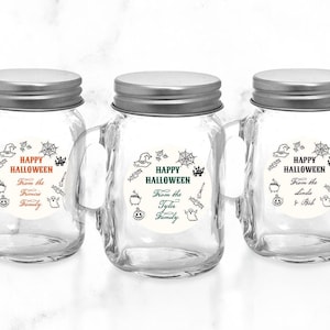 Drawing Doodle Halloween Personalized Mini Glass Mason Jar Favors Labels, Personalized Halloween Party Favor Jars 938, Set of 12