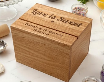 Love Is Sweet Engraved Personalized Wood Recipe Box with Recipe Cards