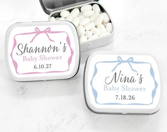 Baby Shower Bow Personalized White Mint Tin Containers Labels, White Empty Baby Shower Tin Favors 92, Set of 8