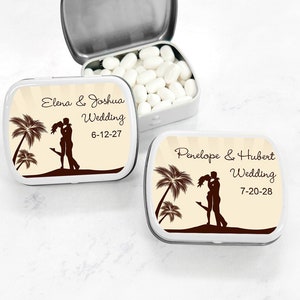 Tropical Silhouette Personalized White Mint Tin Containers Labels, Beach Wedding Party Favor Tins DIY JM502127, Set of 8