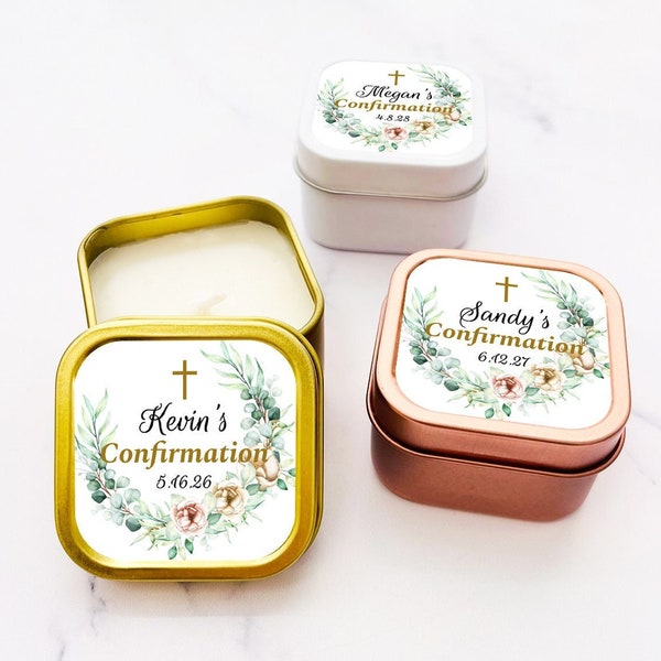 Set of 12 Personalized Travel Candle Tin with Labels Confirmation, Confirmation Candle Party Favor 888