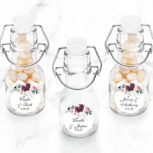 Set of 12 Personalized Mini Glass Favor Bottle with Swing Floral Elegance Label, Personalized Wedding Party Jars 856