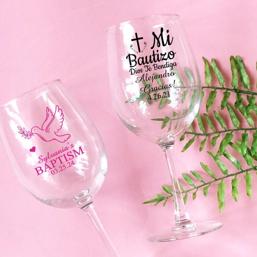 Set of 24// Personalized Custom Wine Glass Long Stem - Baptism Bautizo // Baptism Wine Glass Long shops Stem Favors // Christening Wine Favors 869