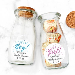 Set of 12 Personalized Mini Glass Vintage Milk Jar Favor with Labels It&#39;s A Boy - It&#39;s a Girl - Oh Baby, Baby Shower Jar Favor 809