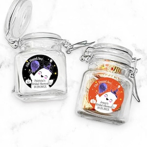 She Found Her Boo Personalized Mini Glass Favor Bottle Jar Labels, Personalized Halloween Bridal Shower Favor Jars 939, Set of 12