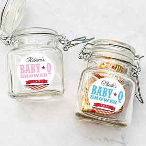 Set of 12 Personalized Mini Glass Favor Bottle Jar with Baby-Q Barbecue Labels, Personalized Baby Shower Favor Jars {SKU:MG54}