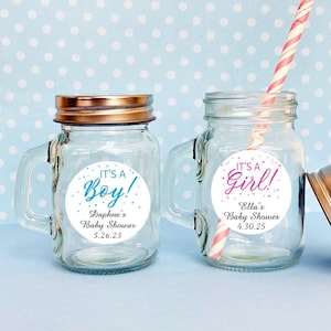 Set of 12 Baby Shower Favors, Personalized Mini Mason Jars with  It&#39;s A Boy - It&#39;s a Girl - Oh Baby Labels, Baby Shower Favor Jars 809