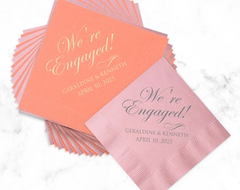 Pack of 100 Personalized We're Engaged Cocktail Napkins Engagement Party - Couples Names Napkins - B-FEN223