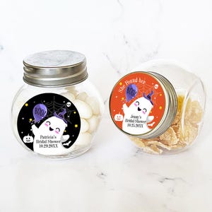 She Found Her Boo Personalized Mini Glass Candy Favor Jar Labels, Halloween Bridal Shower Silver Top Glass Empty Jar Favor 939, Set of 12