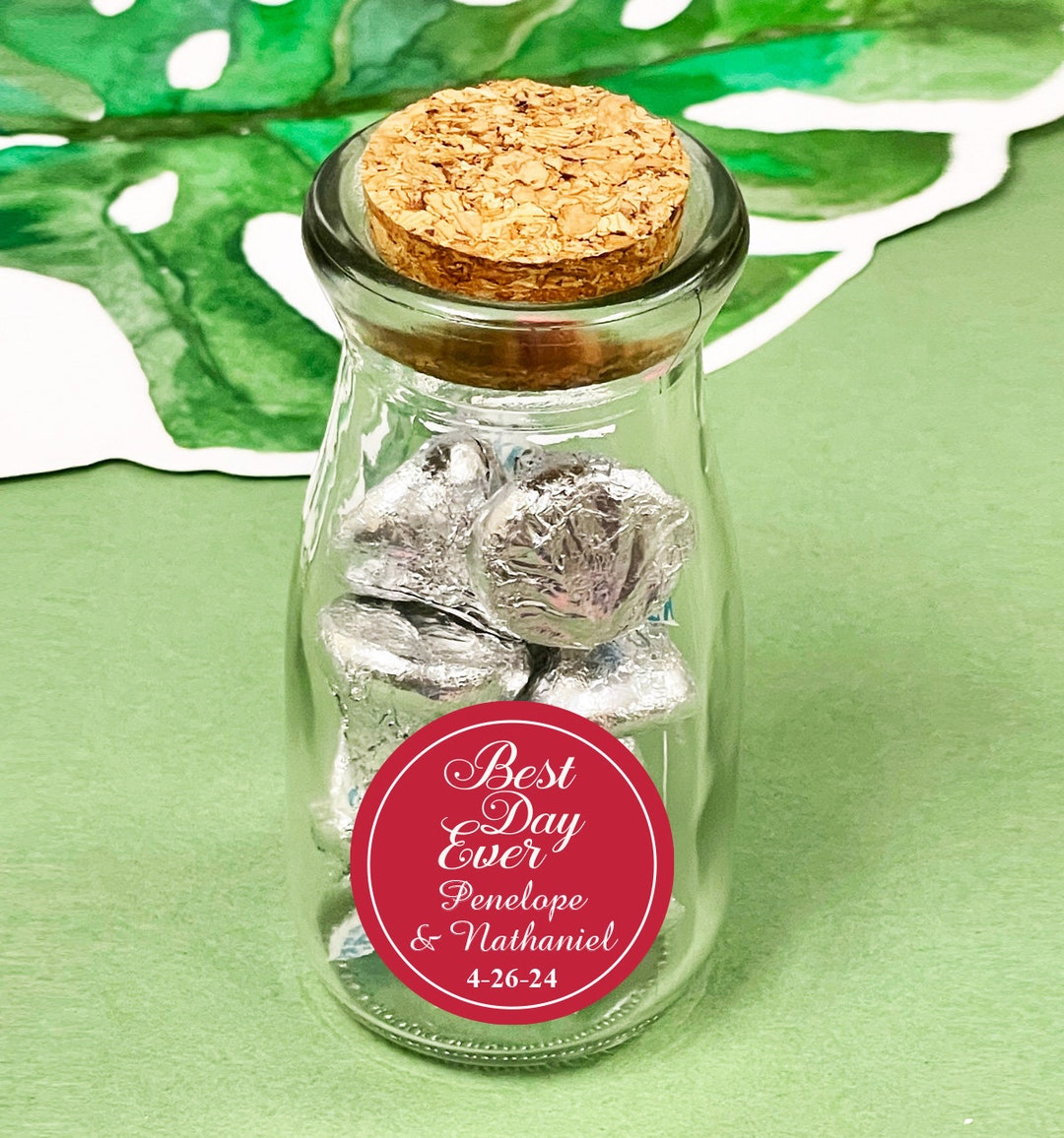 Set of 12 Mini Glass Vintage Milk Jar Favor Bottle With Wedding Anniversary Labels, Personalized