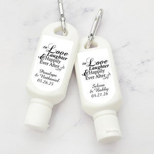 Set of 12 Mini Personalized Sunscreen SPF30 with Love Laughter Happily Ever After Labels, Peel-and-Stick Labels Sunscreen Wedding Favors 810