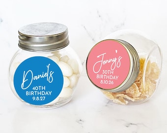 Custom Birthday Name Personalized Mini Glass Candy Favor Jar Labels, Birthday Party Silver Top Glass Empty Jar Favor 910, Set of 12