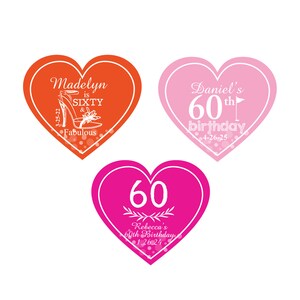 60th Birthday Favors, Personalized Sixtieth Birthday Heart Shaped Labels Stickers, 60th Birthday Labels Fancy Shaped {#876}-Z, Set of 24