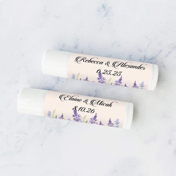 Set of 12 Personalized Lip Balm Party Favors with Lavender Labels, Garden lavender Lip Balm Wedding Favors 808