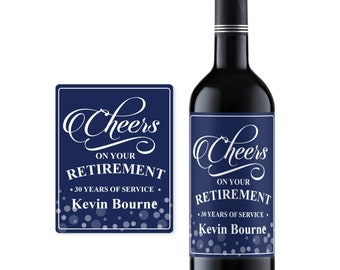 May include: A navy blue wine bottle label with white text that reads "Cheers on your Retirement * 30 Years of Service * Kevin Bourne". The label has a white background with a pattern of white circles.