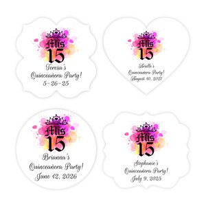 Set of 20 Personalized Fancy Shaped Labels Mis Quince Water Color, Personalized Quinceañera Sweet 15 Favor Labels 820