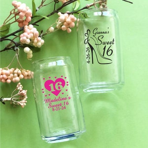 Set of 18, Personalized Custom Sweet 16 Can Glass Favors, Can Glass Birthday Favors, Sixteen Party Favors (873)