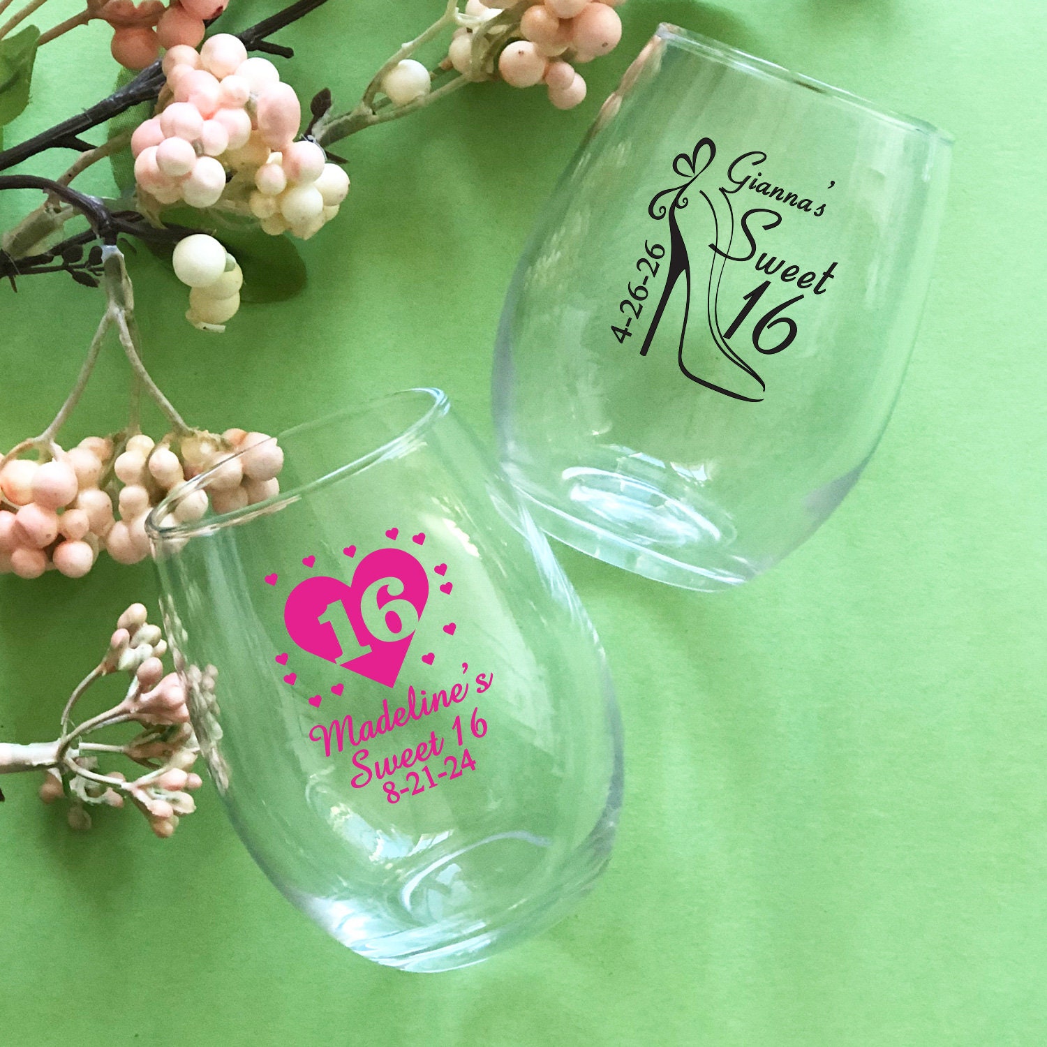 Juego de 12 copas de vino sin tallo personalizadas para quinceañeras, 255 ml, ideal como recuerdo de fiesta de cumpleaños (diseño 873)