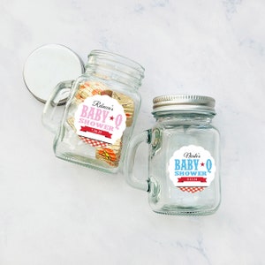 Set of 12, Personalized Mini Glass Mason Jar Favor Bottle Baby-Q Barbecue, Personalized Baby Shower Favor Jars {SKU:MG54}