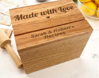 Made With Love Engraved Personalized Wood Recipe Box with Recipe Cards