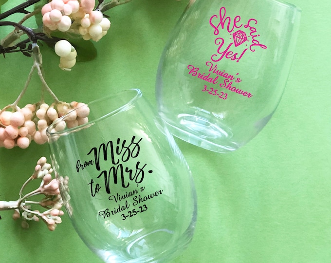 Custom Bridal Shower Large Stemless Wine Glasses 39 Designs to Choose