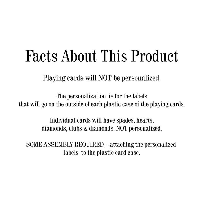 May include: Text on a white background that reads "Facts About This Product". The text explains that the playing cards are not personalized, but the labels for the plastic case are. Some assembly is required to attach the labels to the case.