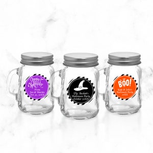 Halloween Personalized Mini Glass Mason Jar Favors Labels, Personalized Halloween Party Favor Jars 895, Set of 12